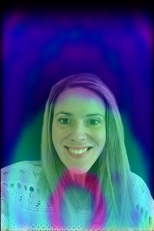 Aura portrait with violet, blue, and green colors