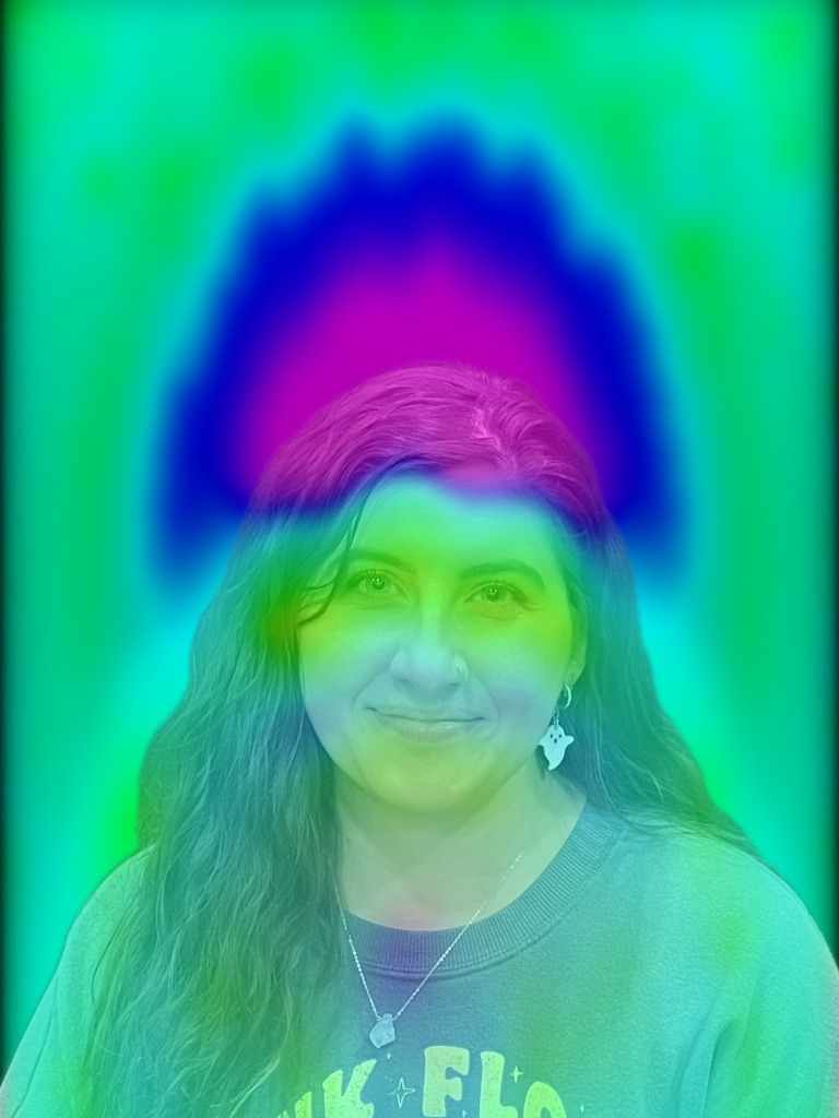 Aura portrait showing an individual surrounded by layered green, blue, violet, and pink color