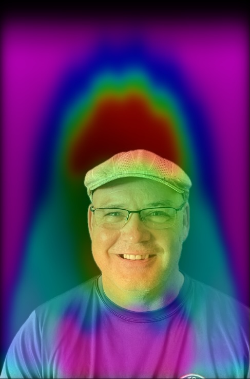 Aura portrait with magenta, blue, green, and orange colors