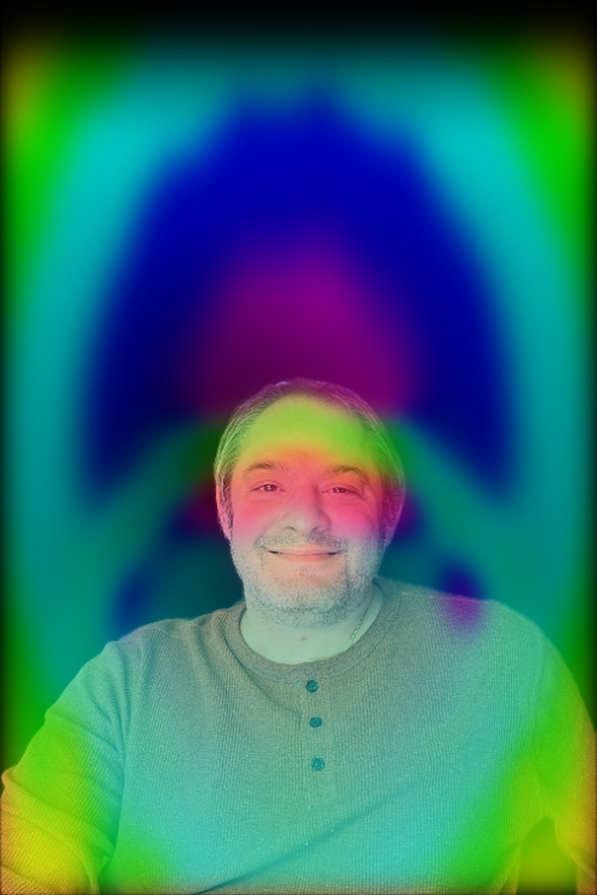 Aura portrait with green, blue, and magenta colors